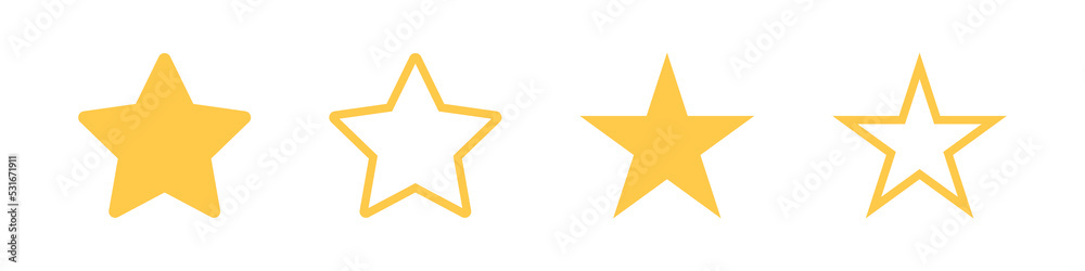 Golden star icon. Yellow star shape set. Isolated form on white background. Golden star icon. Yellow star shape set. Isolated form on white background.