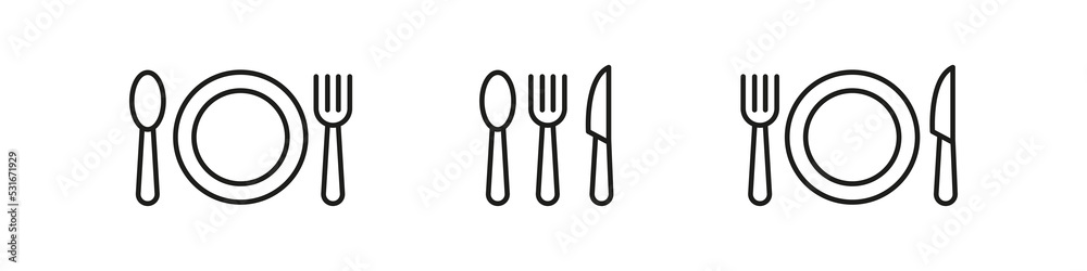 Food icon. Fork spoon knife cutlery. Food cafe restaurant symbol. Eat sign isolated on white background. Food icon. Fork spoon knife cutlery. Food cafe restaurant symbol. Eat sign isolated on white background.