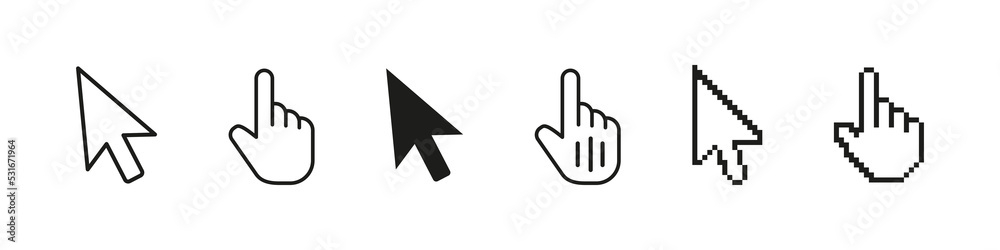 Cursor icon. Vector arrow pointer. Computer mouse click sign. Isolated web cursor set. Hand with finger on white background. Cursor icon. Vector arrow pointer. Computer mouse click sign. Isolated web cursor set. Hand with finger on white background.