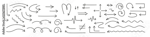 Arrow line set. Thin stroke arrow line. Collection of isolated doodle arrows on white background.