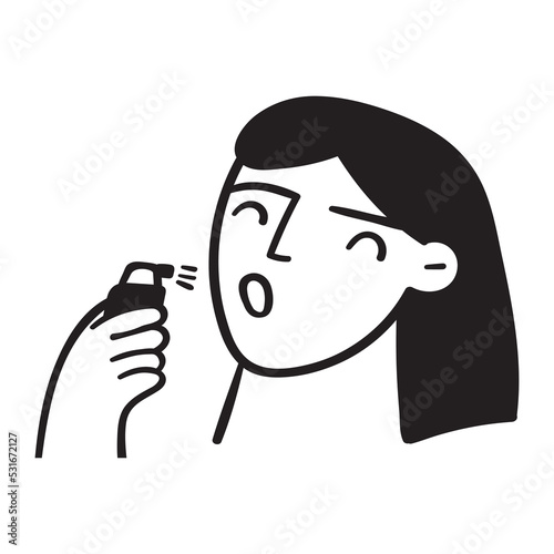 Young woman using throat spray.  Outline vector icon. Illustration on white background.