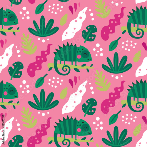 Seamless cute vector floral tropical pattern with iguanas, leaves, plants, branches and flowers
