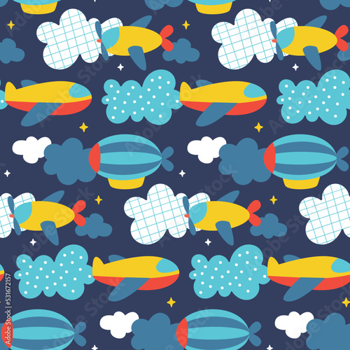 Seamless cute vector transport pattern with airship, airplane, clouds