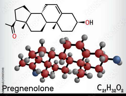 Pregnenolone, P5 molecule. It is natural product, neurosteroid, endogenous steroid hormone. Structural chemical formula and molecule model