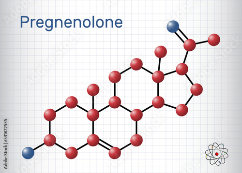 Pregnenolone, P5 molecule. It is natural product, neurosteroid, endogenous steroid hormone. Molecule model. Sheet of paper in a cage. photo