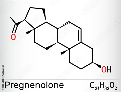 Pregnenolone, P5 molecule. It is natural product, neurosteroid, endogenous steroid hormone. Skeletal chemical formula.