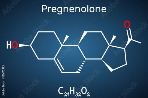 Pregnenolone, P5 molecule. It is natural product, neurosteroid, endogenous steroid hormone. Structural chemical formula on the dark blue background. photo