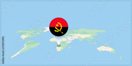 Location of Angola on the world map, marked with Angola flag pin.