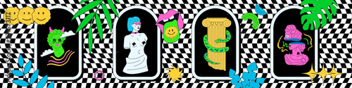 Crazy acid collage of stylized sculptures. Psychedelic figures and elements in illustration.