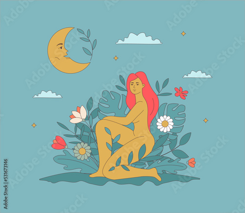 Illustration outline figure of a woman in flowers. Mystical artwork.