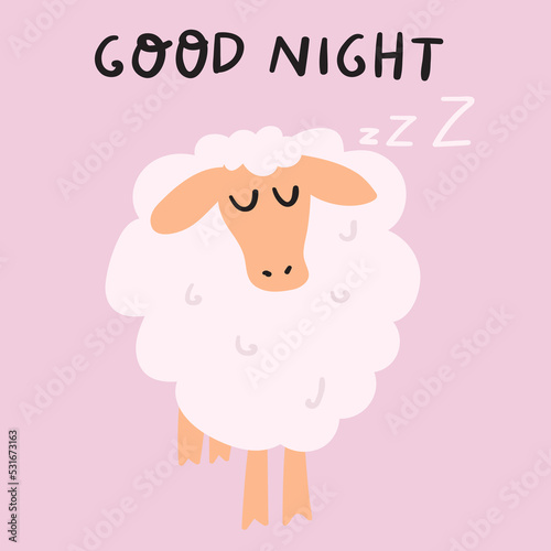 Cute sleeping sheep. Good night. Vector flat hand drawn illustration on pink background.