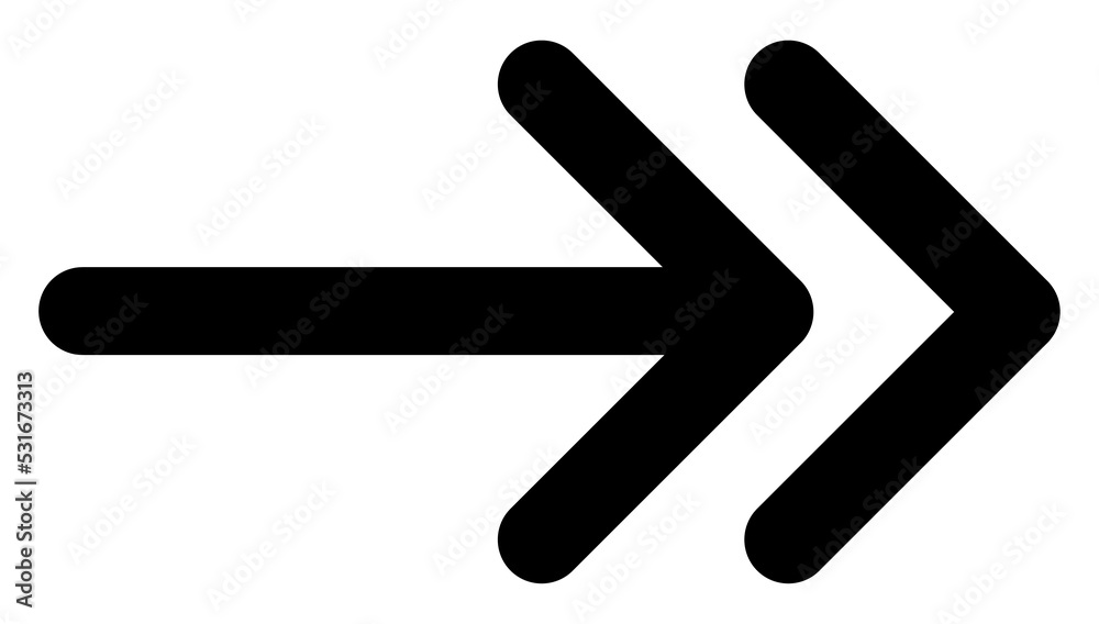 Double arrow pointer icon with rounded edges. Straight direction pointer. Black arrow icon indicate to the right Double arrow pointer icon with rounded edges. Straight direction pointer. Black arrow icon indicate to the right
