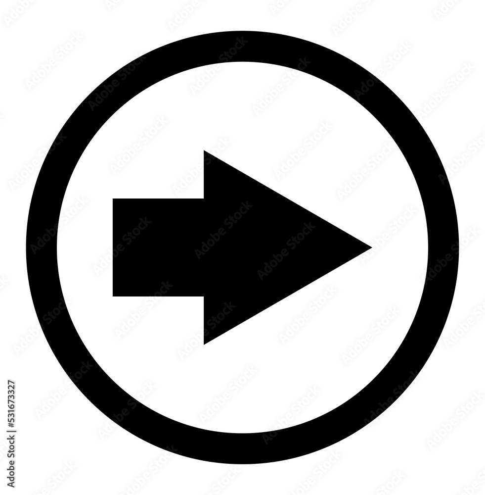 Arrow in circle icon. Straight black arrow pointing to the right. Black direction pointer