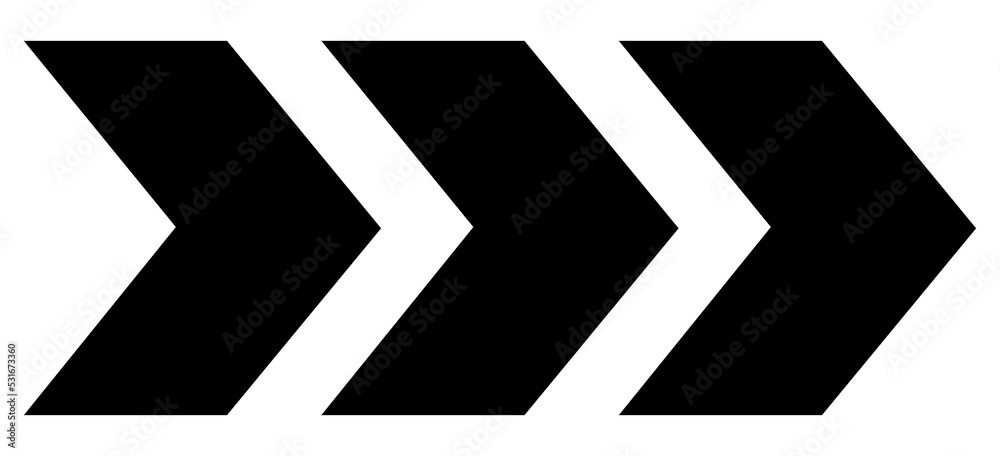 Triple arrow icon. Three wide arrows. Triple direction pointer. Black arrow icon indicate to the right Triple arrow icon. Three wide arrows. Triple direction pointer. Black arrow icon indicate to the right