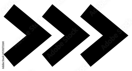 Triple arrow icon. Three wide arrows. Triple direction pointer. Black arrow icon indicate to the right