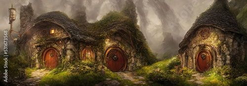 Hobbit village, houses with round doors and windows. Roofs of the houses are covered with grass. World of the Lord of the Rings. 3d illustration photo
