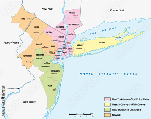 Map of the counties in the four divisions of the New York metropolitan area