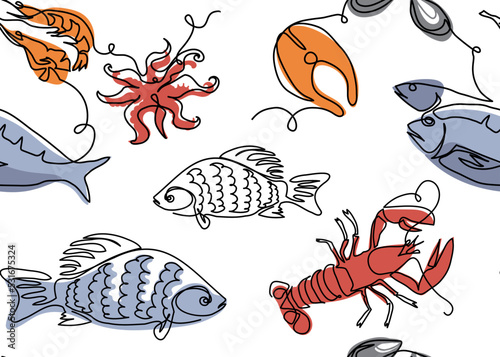 Seafood vector pattern. One continuous line art drawing of seafood pattern