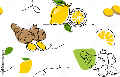 Ginger and lemon vector pattern. One continuous line art drawing pattern for kitchen or cafe decoration, tea or drink packaging