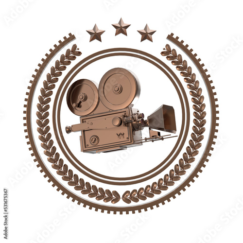 Tablou canvas High detailed vintage golden movie camera in laurel wreath badge with rings and stars