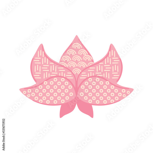 Japanese lotus flower isolated on white. Pink asian lotus logo. Pink chinese lotus bloom symbol, icon. Hand drawn korean flower with traditional ornament. Pink asian vector illustration.