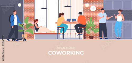 People work together in a coworking center. People communicate, work, exchange experience. Modern workplace. Vector illustration