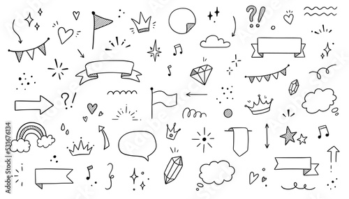 Line frame, sparkle, ribbon hand drawn doodle element set. Party, decoration star, heart element doodle sketch collection. Isolated vector illustration.