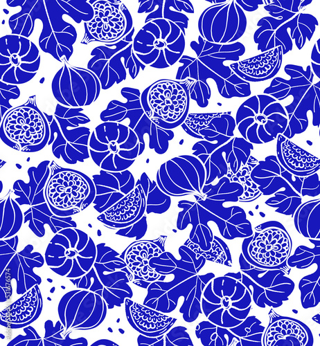 Seamless pattern fig fruit and leaves in toile de jouy style. Outlined blue monochrome vector illustrations on white background for branding, package, fabric and textile, , menu cover, wrapping paper