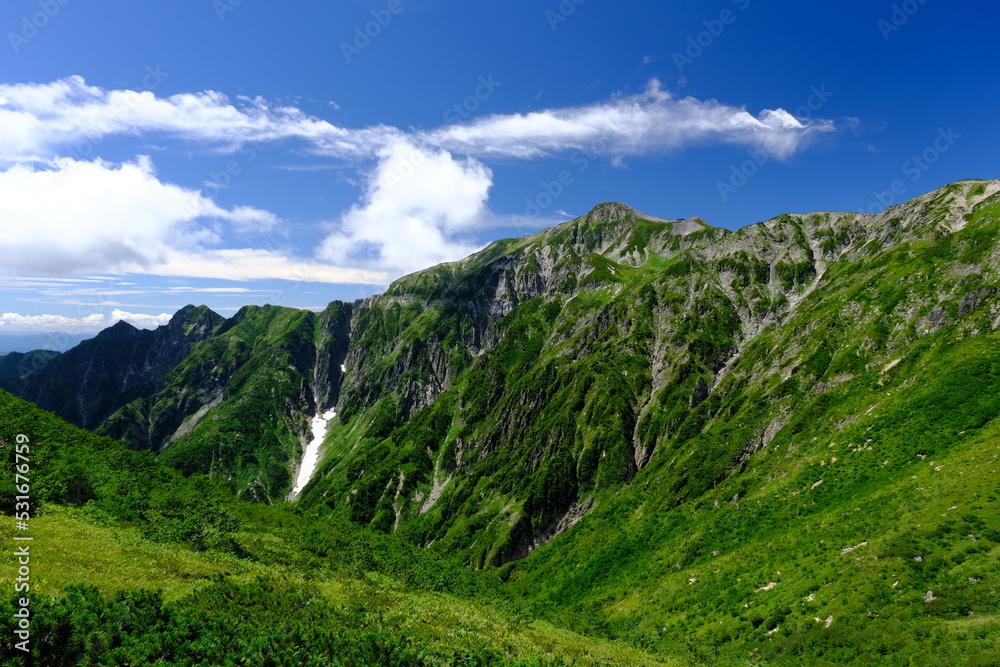 Fototapeta premium 北アルプスの笠ヶ岳を杓子平辺りから望む