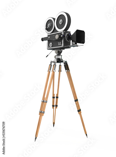 vintage retro movie camera on tripod mount isolated on white high quality 3d rendering isolated on transparent background photo