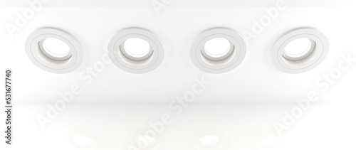 White ceiling spot lights 3D render. Realistic mockup of recessed round downlights, artificial lighting, design element for home or office illumination, set of LED spotlights, lamps