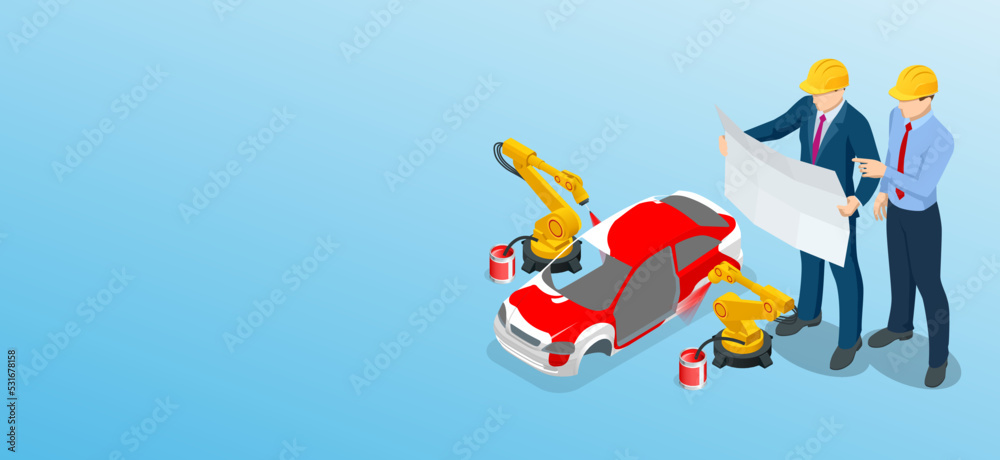 Isometric Car manufacturer, robot assembly line in car factory. Car production plant process