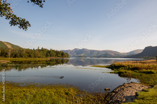 The shore of a calm lake in the Lake District on a summer sleepy day