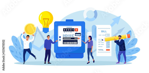 People paying utilities. Invoice and electricity meter. Man worried, stressed over bill. Utility bills payment. Electricity consumption expenses. Technician repair, meter installation, energy saving
