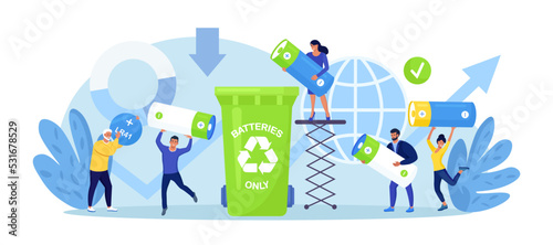 Battery recycle. People put batteries to litter bin, container for recycling and trash separation, practise waste sorting. Ecology environmental conservation. Garbage disposal, clean environment