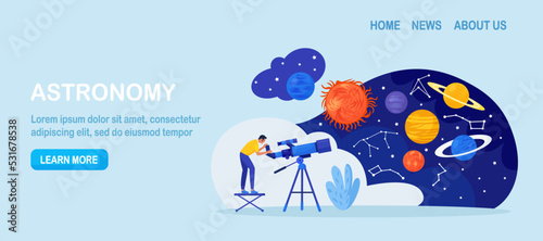 Astronomy, astronomical observation. Man studying galaxy through telescope, explore planets, universes. Person watching meteors, constellation of stars. Astronomer observing sky with celestial bodies