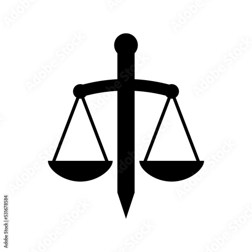 Sword and scales icon. Vector illustration. The theme of court and justice, jurisdiction and law. 
