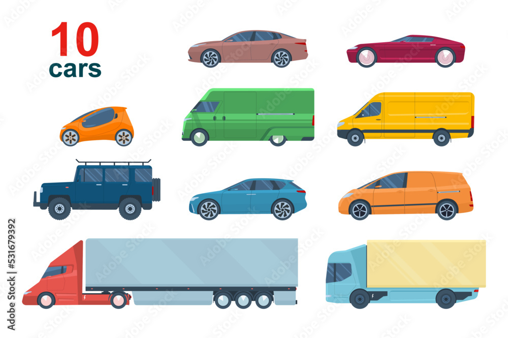 Big set of different models of cars. Vector illustration.