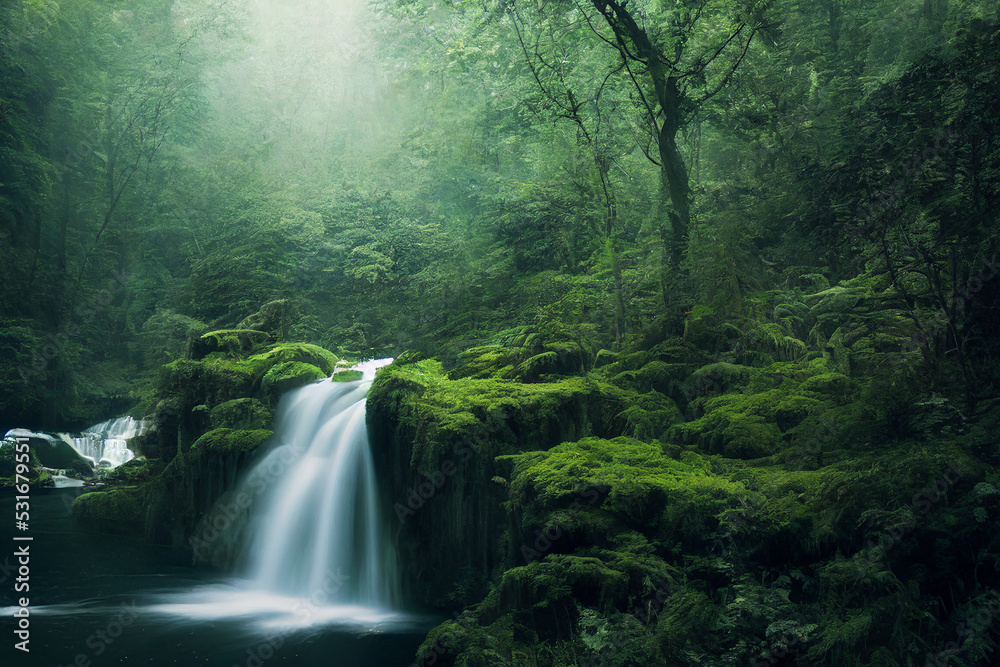 Beautiful waterfall. Fantastic Epic Magical Landscape. Summer nature. Mystic Valley. Gaming assets. Celtic Medieval Forest. Rocks and grass. River and stream