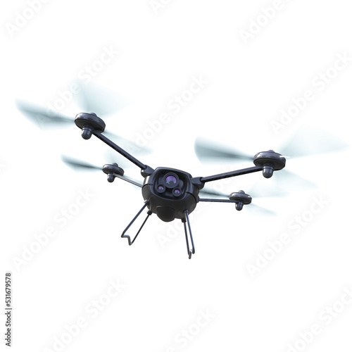 aerial robot drone, quadrocopter, with camera flying . Concept hovering multycopter 3d render isolated on transparent background