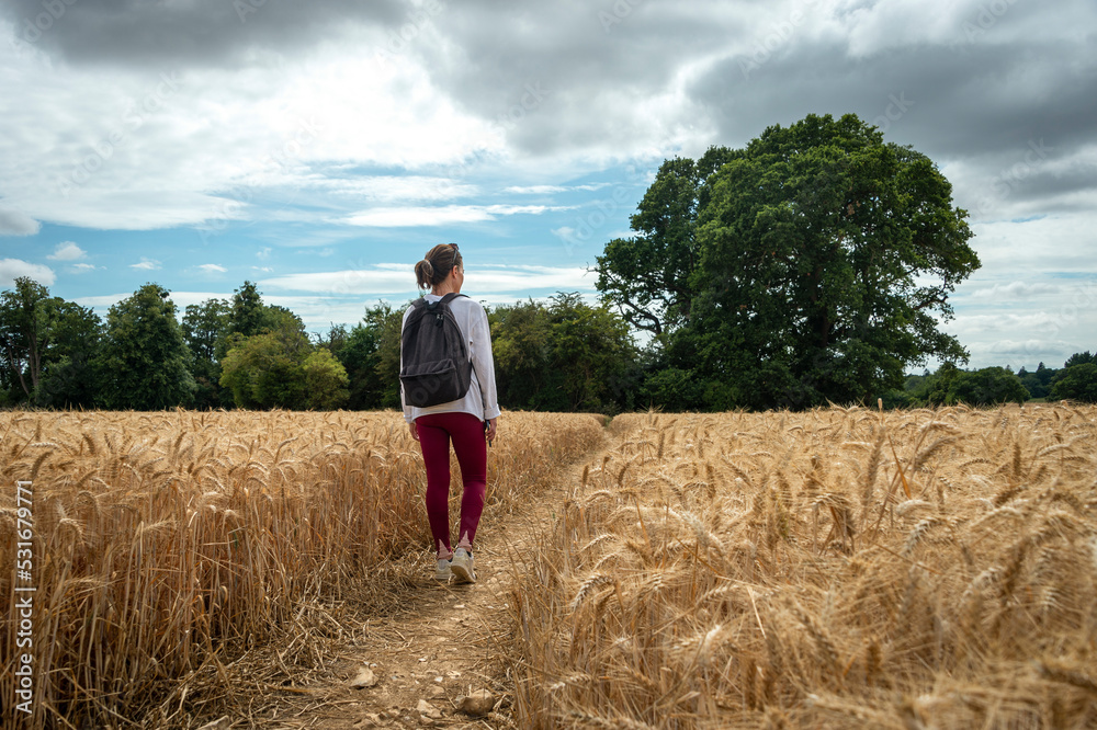 Woman backpacker walking through the countryside. Woman backpacker walking through the countryside.