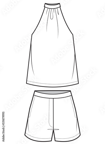 sleeveless halter neck top and high waist shorts women top and bottom casual wear outfit fashion flat sketch vector illustration cad mockup.