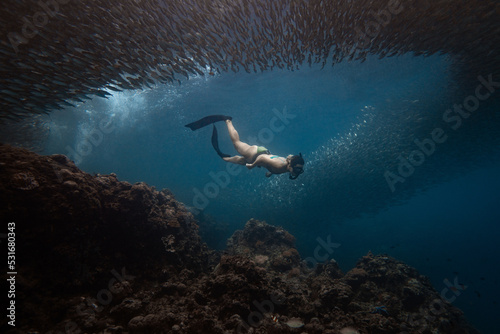 Female freediver fun diving in the ocean sea with sardines holding breath
