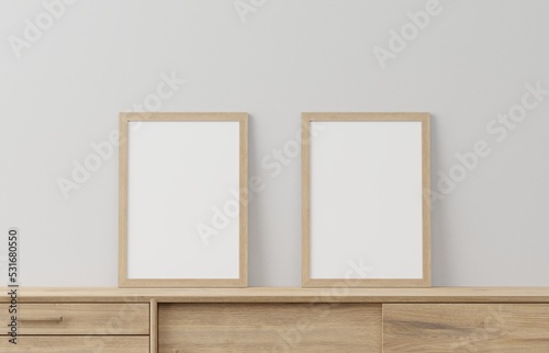 home nordic or Scandinavian modern style wooden frame and cabinet mock up or blank close up on white wall background. frame mockup. 3d illustration