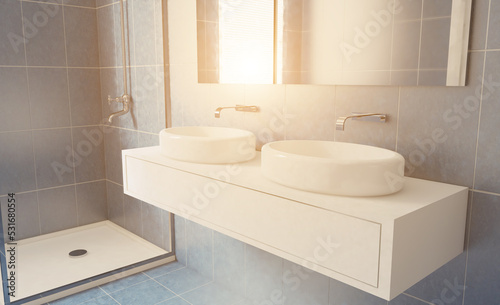 Scandinavian bathroom  classic  vintage interior design. 3D rendering.. Sunset.