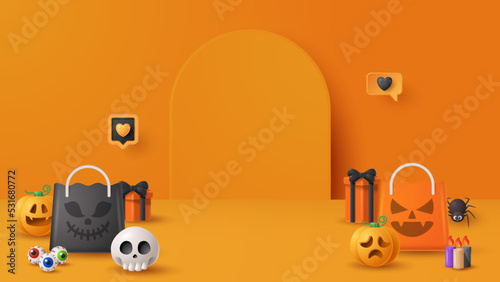 Halloween display podium decoration background with scary ornament. Vector 3D Illustration