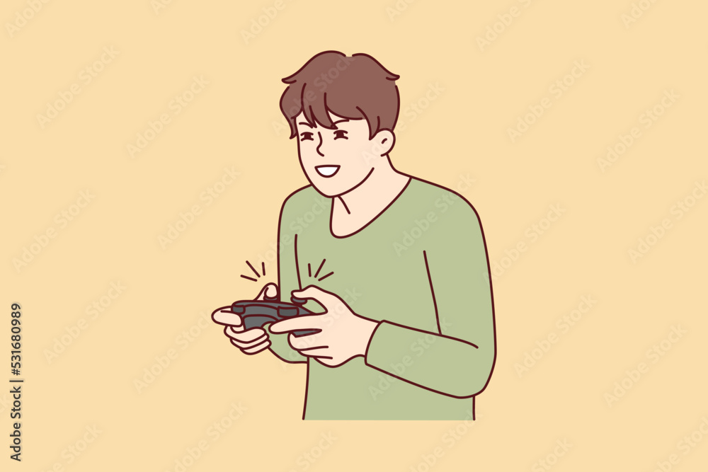 Guy with joystick playing computer games at home. Young man with joypad have fun engaged in videogame. Addiction and hobby. Vector illustration. Guy with joystick playing computer games at home. Young man with joypad have fun engaged in videogame. Addiction and hobby. Vector illustration.