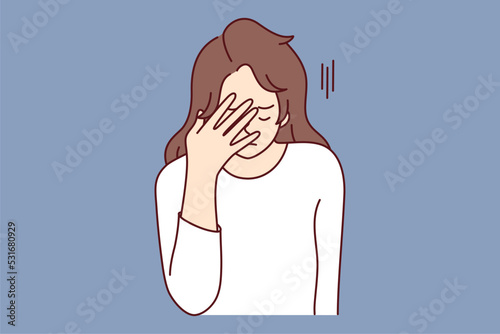 Unhappy young woman make hand gesture suffer from bad news. Upset female struggle with migraine or headache. Vector illustration. 