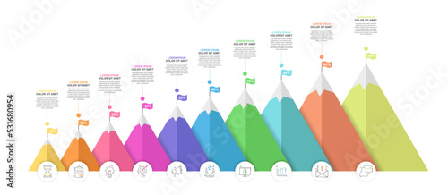 Vector timeline infographic template. Modern mountains graph with 10 steps, circles, achievement, mission business options. Geometric concept for web, project, chart, banner, presentations, report