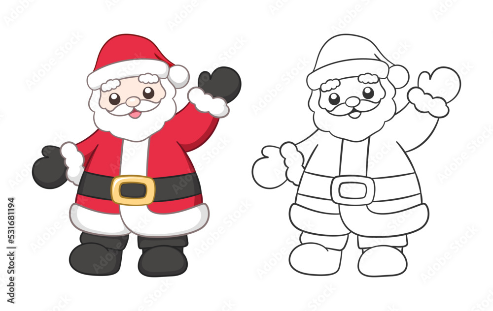 Cute happy Santa Claus waving outline and colored cartoon illustration set. Father Christmas, Kris Kringle, Saint Nick. Winter Christmas theme coloring book page activity for kids and adults. Cute happy Santa Claus waving outline and colored cartoon illustration set. Father Christmas, Kris Kringle, Saint Nick. Winter Christmas theme coloring book page activity for kids and adults.